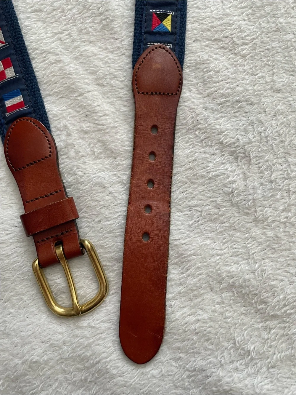 Leather Man Ltd size 36 Navy Flag Embroidered Belt with Brown Top Grain Leather